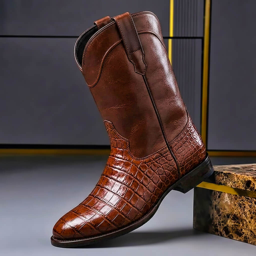 Jonas - Men's Western Pull-On Ankle Boots with Croc-Print Panel - Boots - Brown - Davies & Cooper