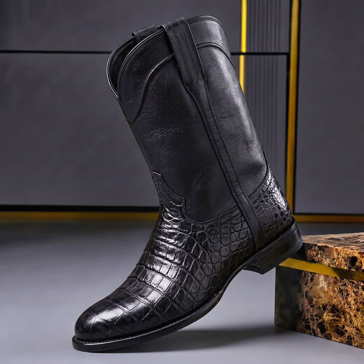 Jonas - Men's Western Pull-On Ankle Boots with Croc-Print Panel - Boots - Black - Davies & Cooper