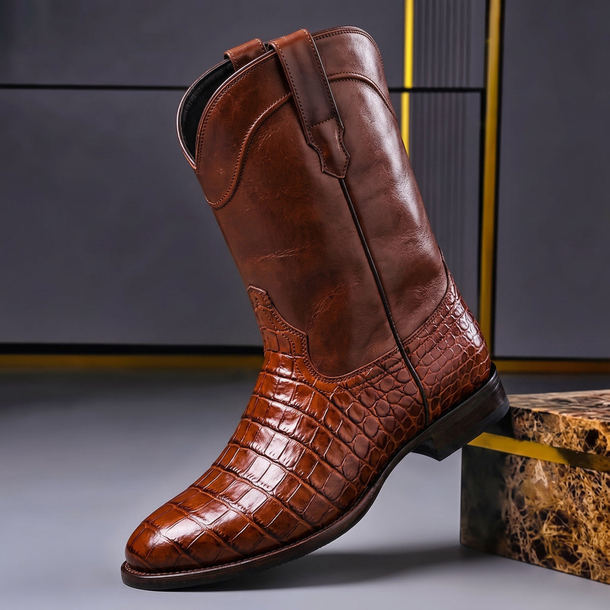 Jonas - Men's Western Pull-On Ankle Boots with Croc-Print Panel - Boots - Brown - Davies & Cooper