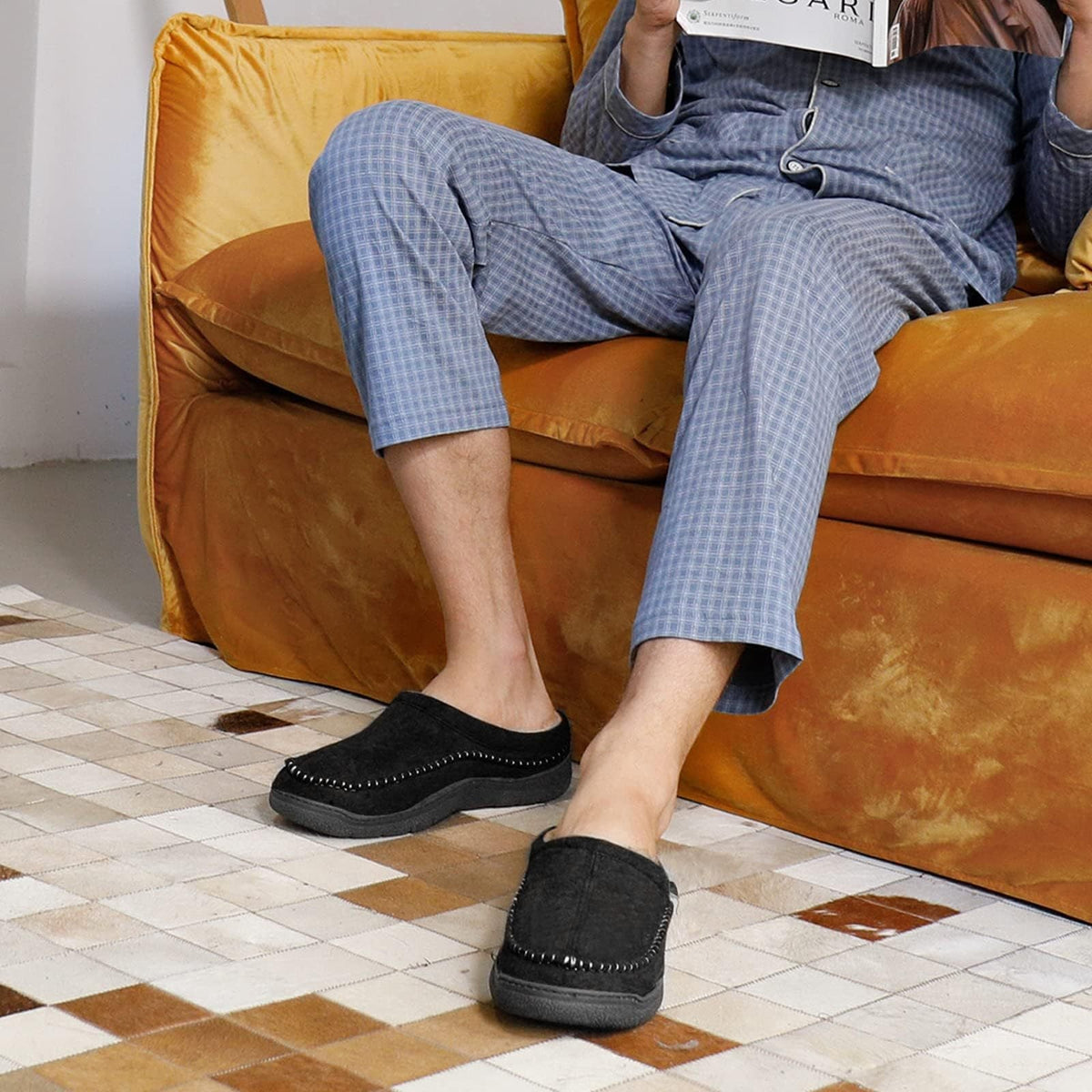 Joris – Men's Slippers in Suede-Look with Warm Lining - Shoes - Light Brown - Davies & Cooper