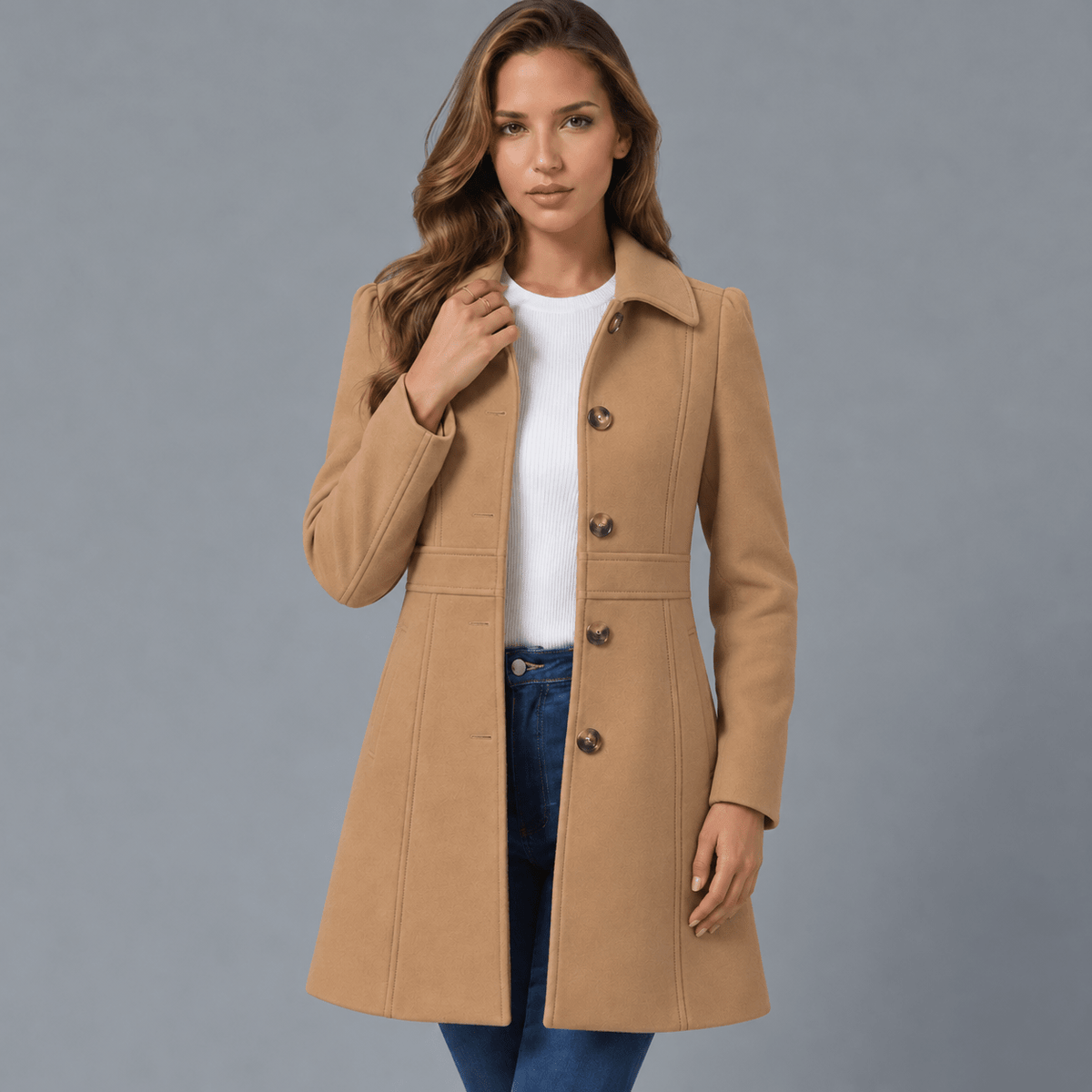 Josephine – Women's Coat with Button Placket - Jacket - Khaki - Davies & Cooper