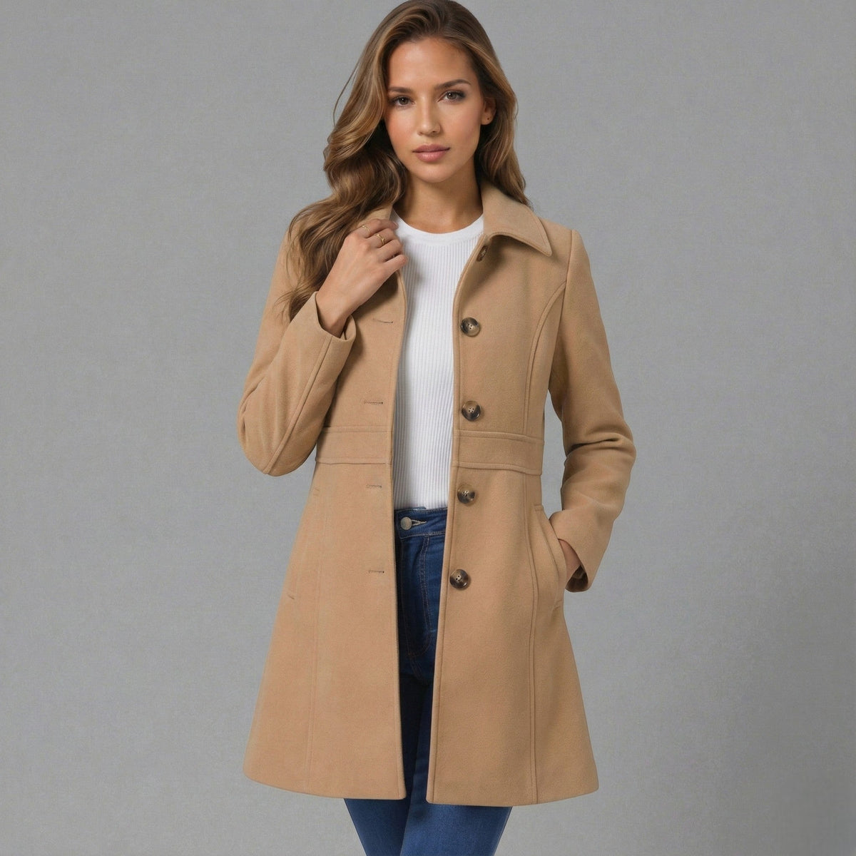 Josephine – Women's Coat with Button Placket - Jacket - Khaki - Davies & Cooper