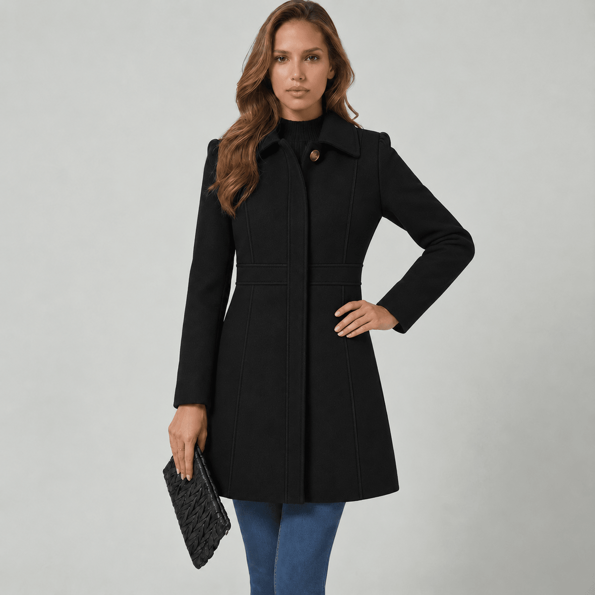 Josephine – Women's Coat with Button Placket - Jacket - Black - Davies & Cooper
