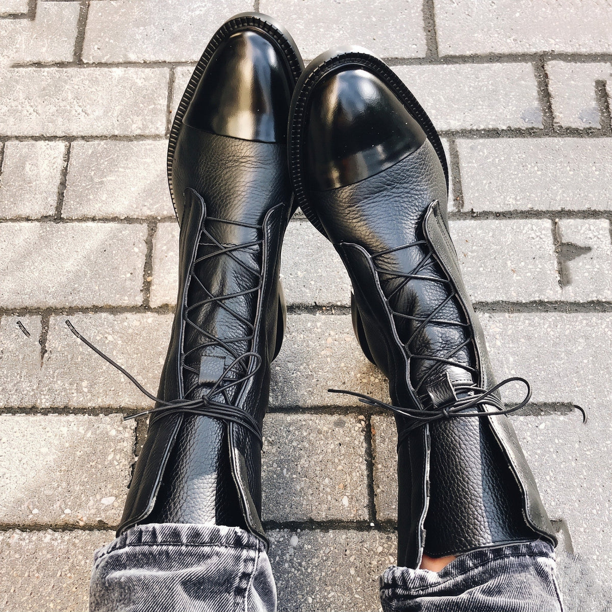 Julia - Women's Lace-Up Mid-Calf Boots with Block Heel - Boots - Black - Davies & Cooper