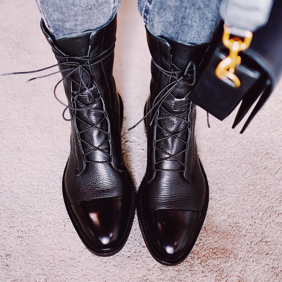 Julia - Women's Lace-Up Mid-Calf Boots with Block Heel - Boots - Black - Davies & Cooper