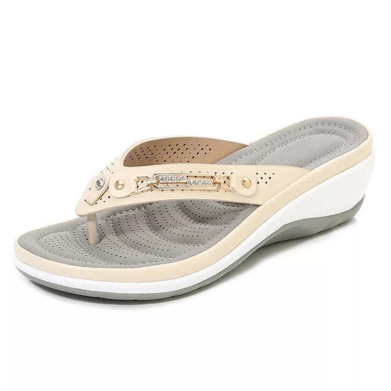 Karoline - Women's Summer Orthopaedic Wedge Toe Post Sandals - Sandals - Beige - Davies & Cooper