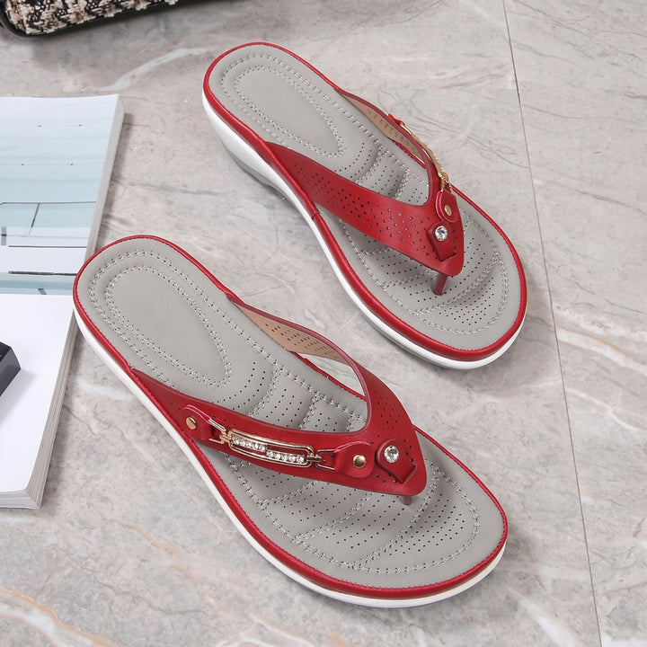 Karoline - Women's Summer Orthopaedic Wedge Toe Post Sandals - Sandals - Red - Davies & Cooper
