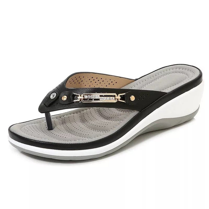 Karoline - Women's Summer Orthopaedic Wedge Toe Post Sandals - Sandals - Black - Davies & Cooper