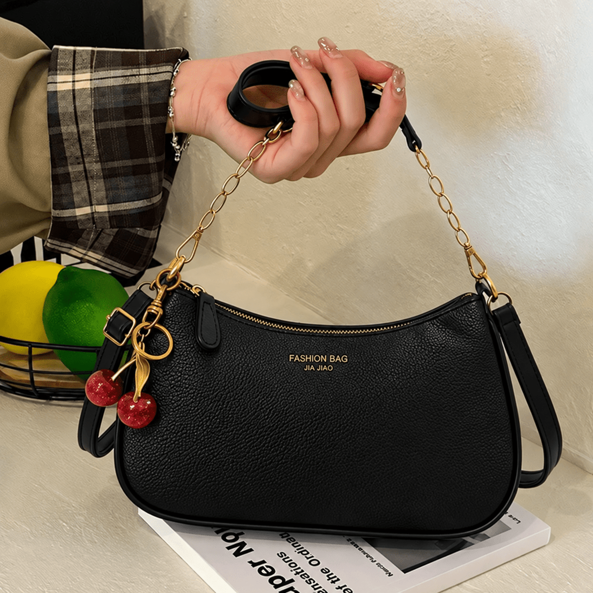 Kathrin - Women's Structured Shoulder Bag with Gold Chain Strap and Cherry Charm - Shoulder Bags - Black - Davies & Cooper