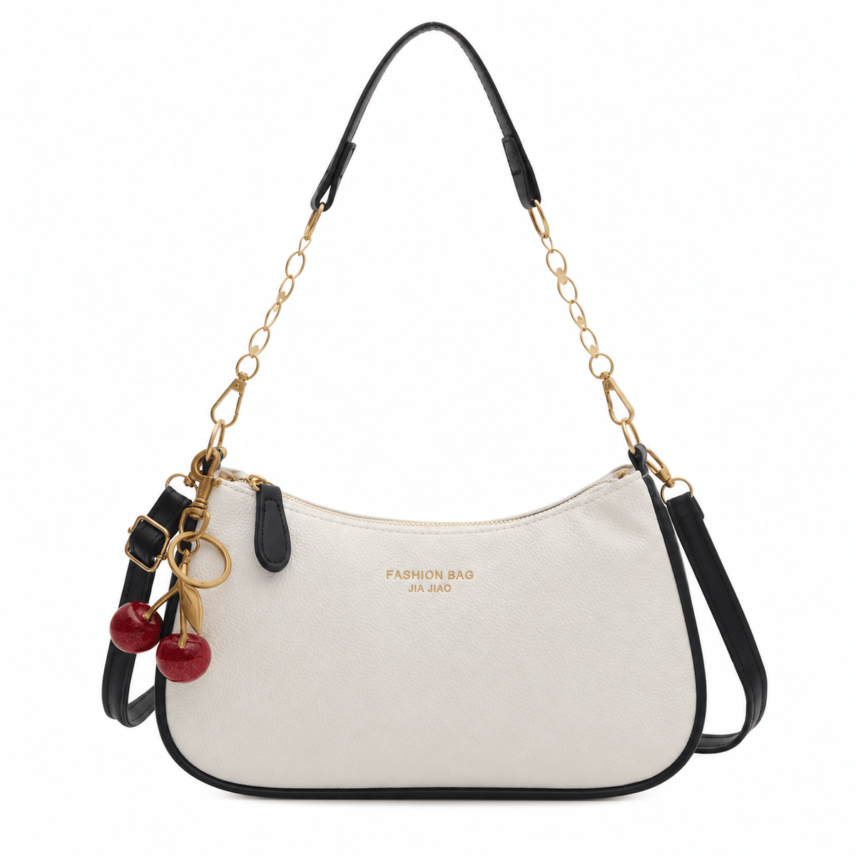 Kathrin - Women's Structured Shoulder Bag with Gold Chain Strap and Cherry Charm - Shoulder Bags - White - Davies & Cooper