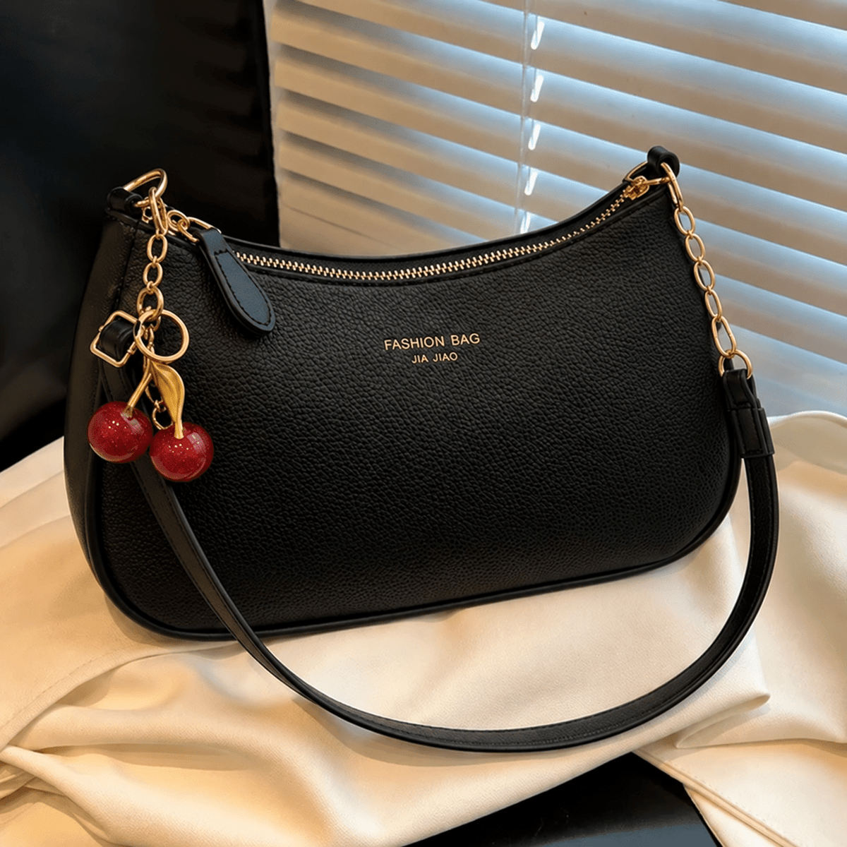 Kathrin - Women's Structured Shoulder Bag with Gold Chain Strap and Cherry Charm - Shoulder Bags - Black - Davies & Cooper