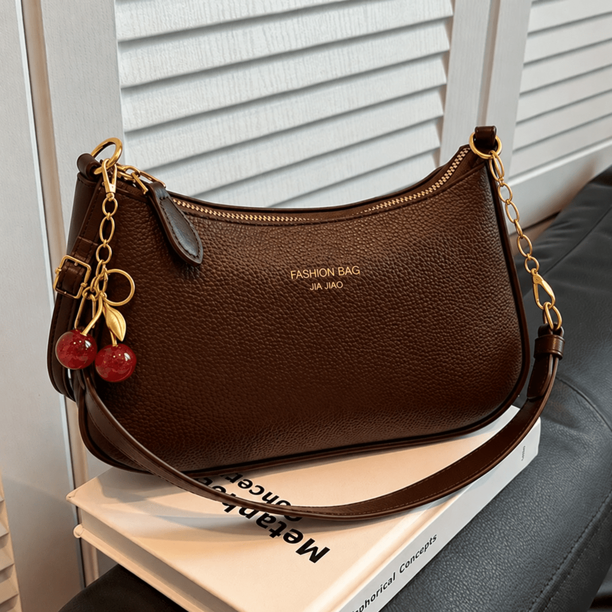 Kathrin - Women's Structured Shoulder Bag with Gold Chain Strap and Cherry Charm - Shoulder Bags - Brown - Davies & Cooper