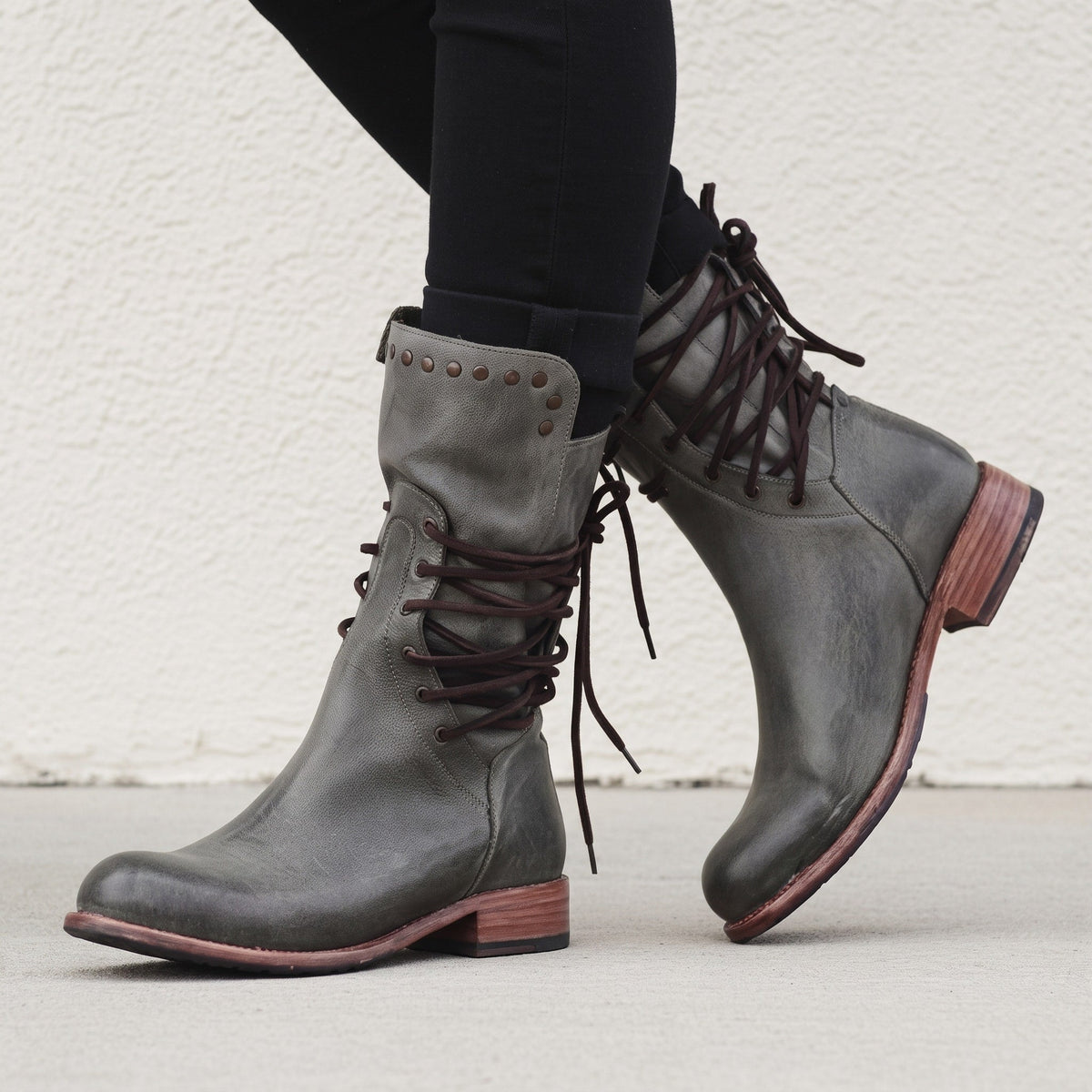 Kendra - Women's Orthopaedic Lace-Up Ankle Boots with Studded Detail - Boots - Grey - Davies & Cooper