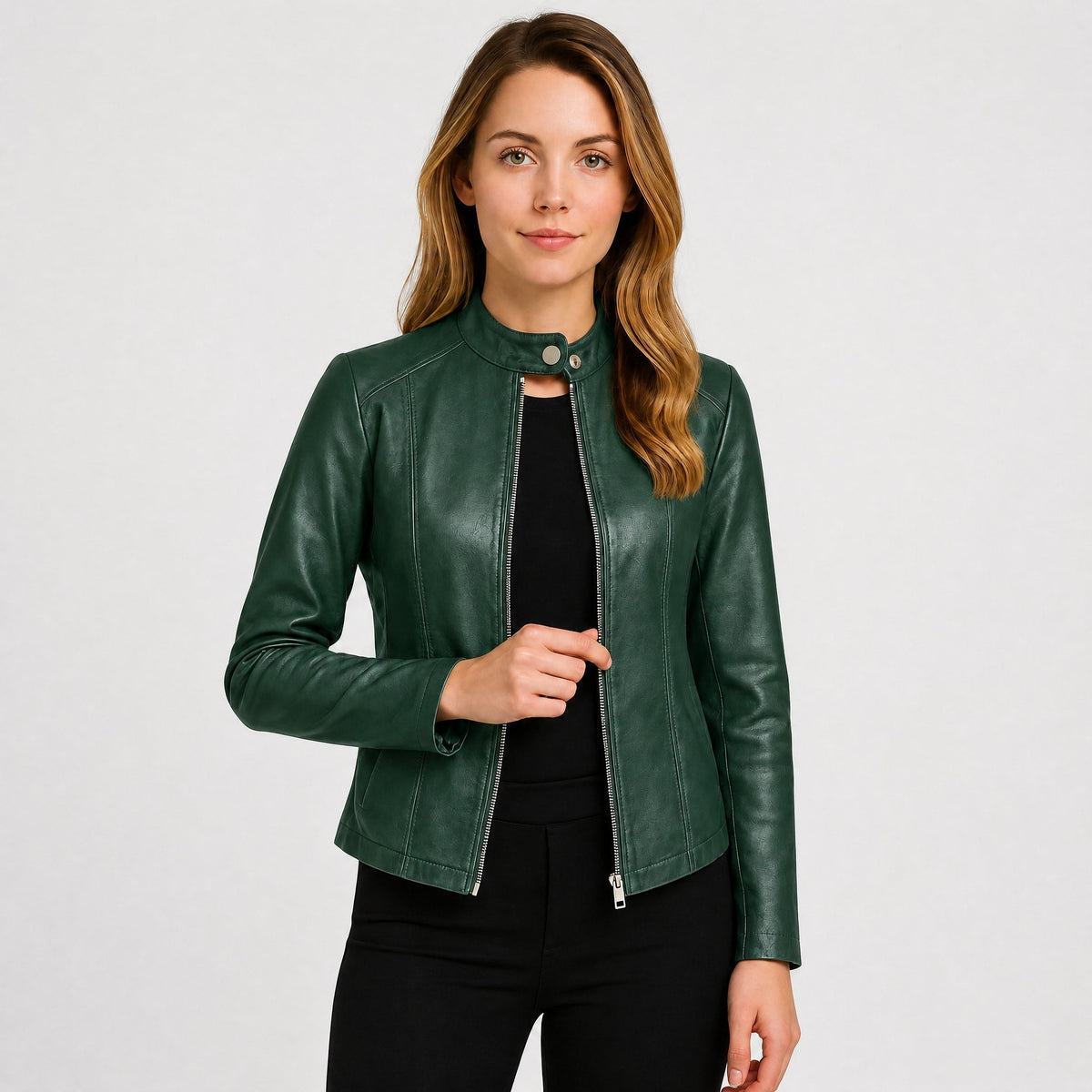Klara - Women's Fitted Zip-Up Biker Jacket with Snap Collar - Motorcycle Outerwear - Green - Davies & Cooper
