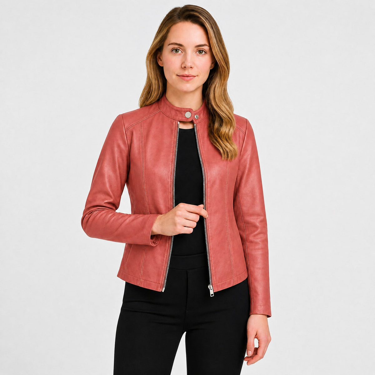 Klara - Women's Fitted Zip-Up Biker Jacket with Snap Collar - Motorcycle Outerwear - Pink - Davies & Cooper