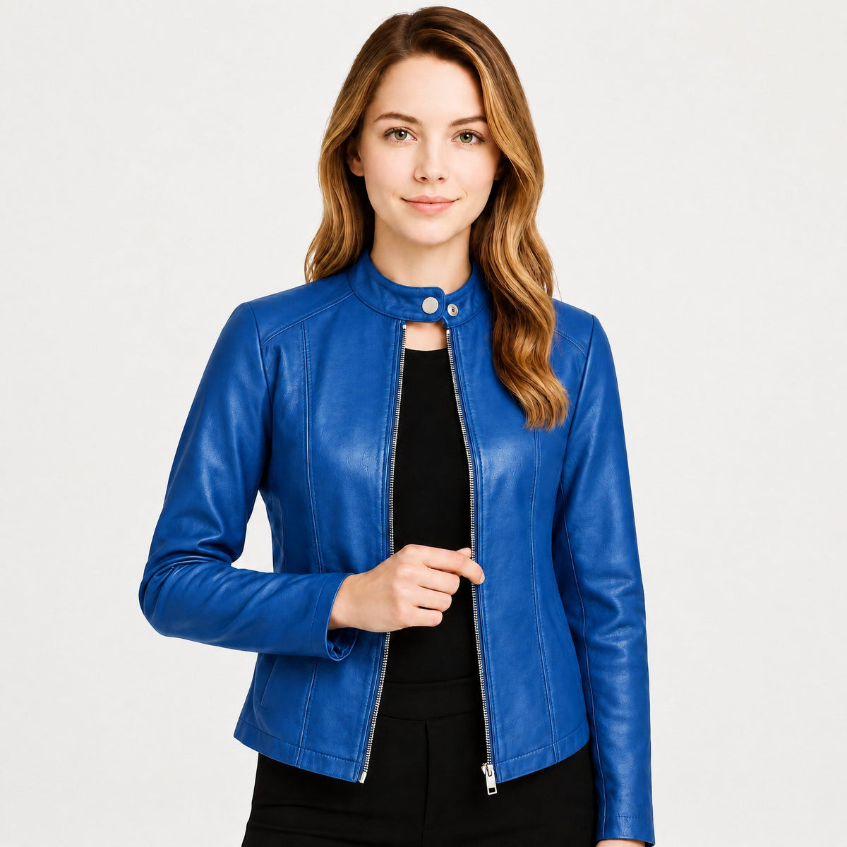 Klara - Women's Fitted Zip-Up Biker Jacket with Snap Collar - Motorcycle Outerwear - Blue - Davies & Cooper