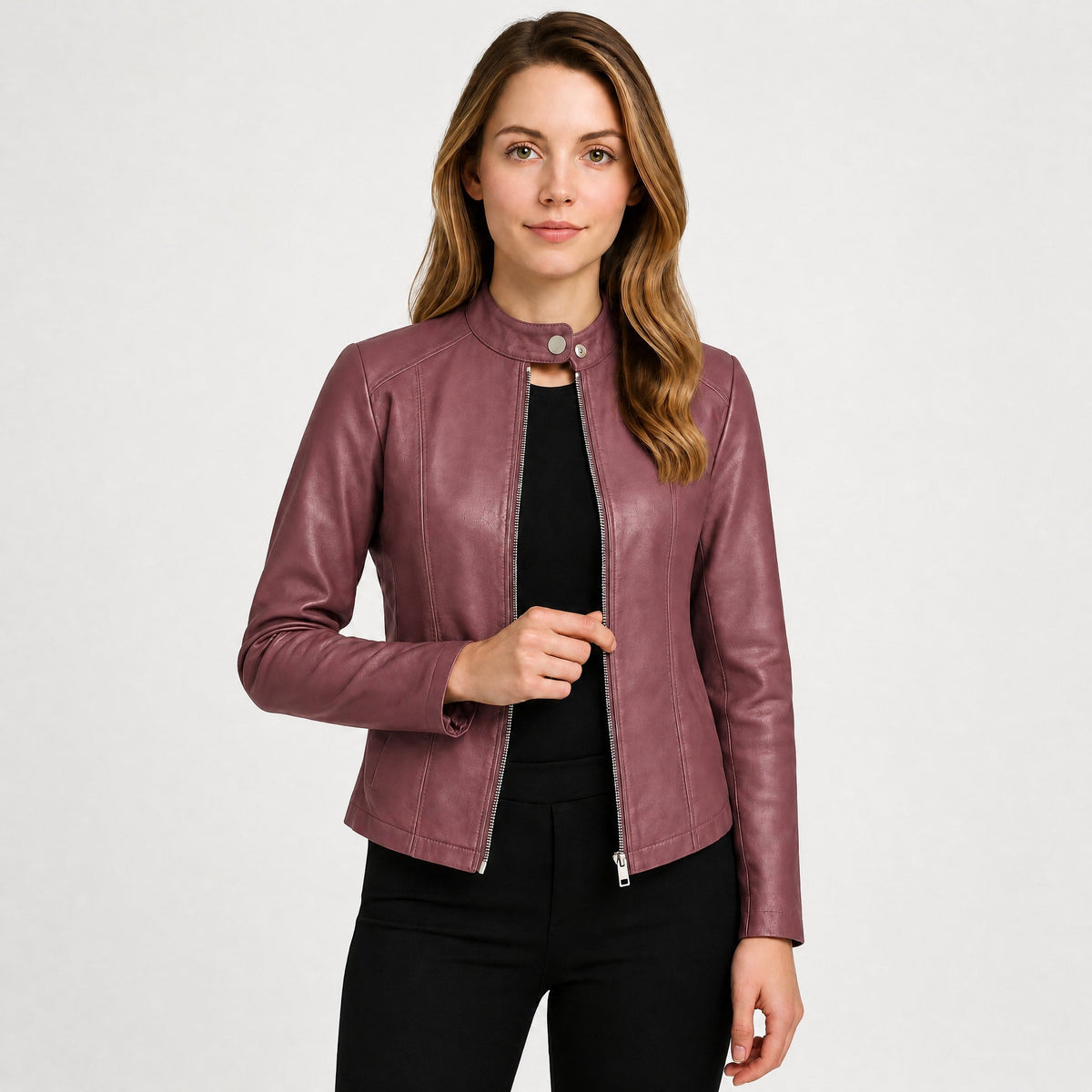 Klara - Women's Fitted Zip-Up Biker Jacket with Snap Collar - Motorcycle Outerwear - Purple - Davies & Cooper