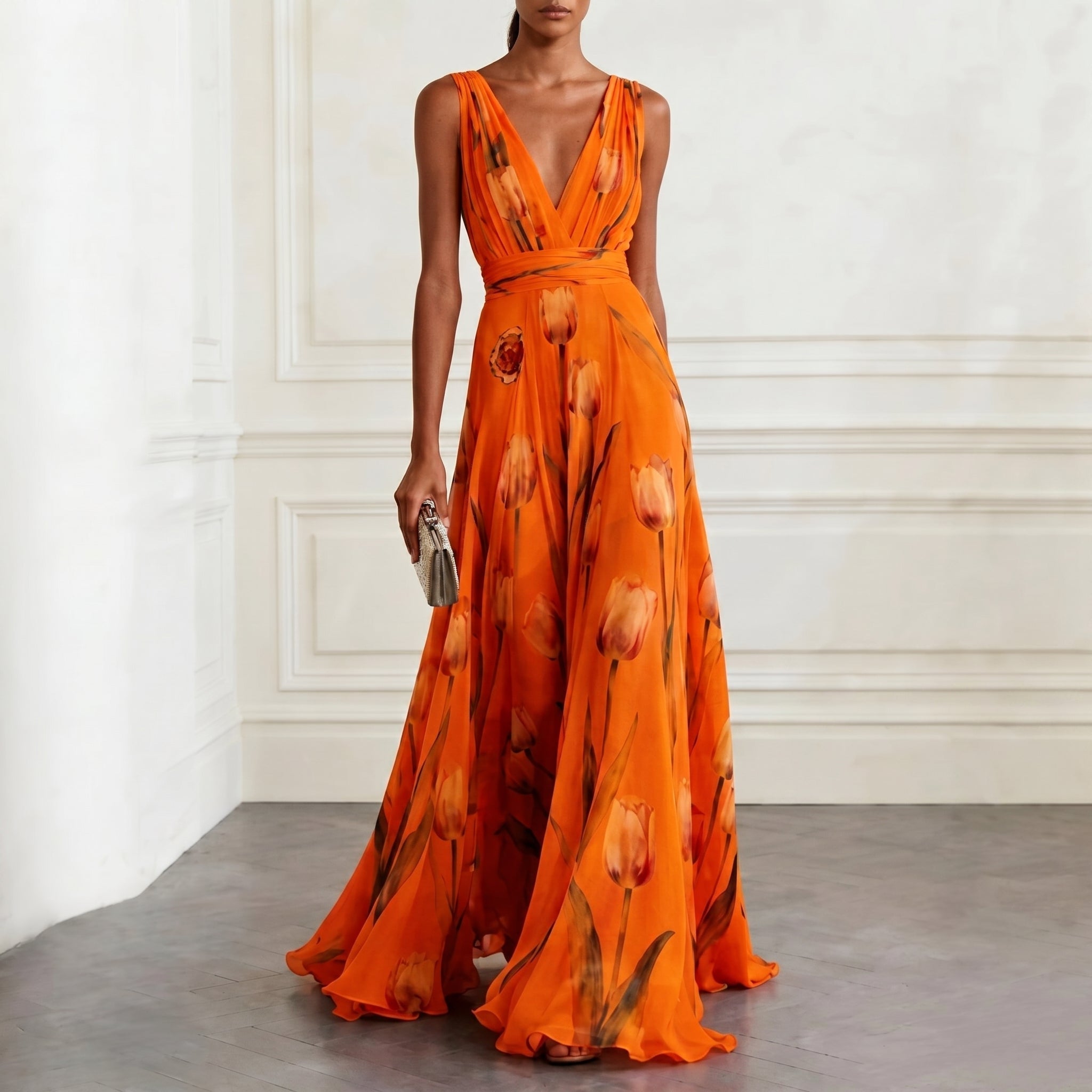 Klara - Women's Floral Sleeveless Bridesmaid Maxi Dress - Maxi Dress - Orange - Davies & Cooper