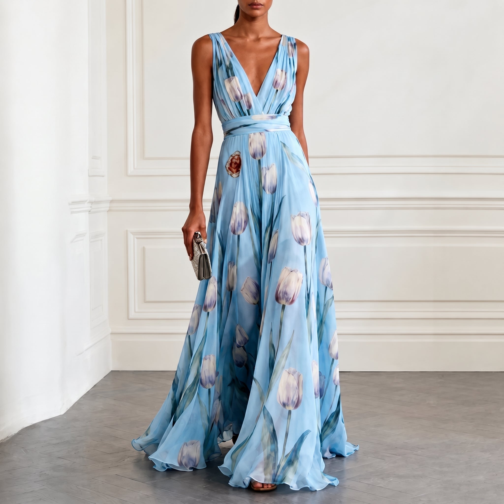 Klara - Women's Floral Sleeveless Bridesmaid Maxi Dress - Maxi Dress - Sky Blue - Davies & Cooper