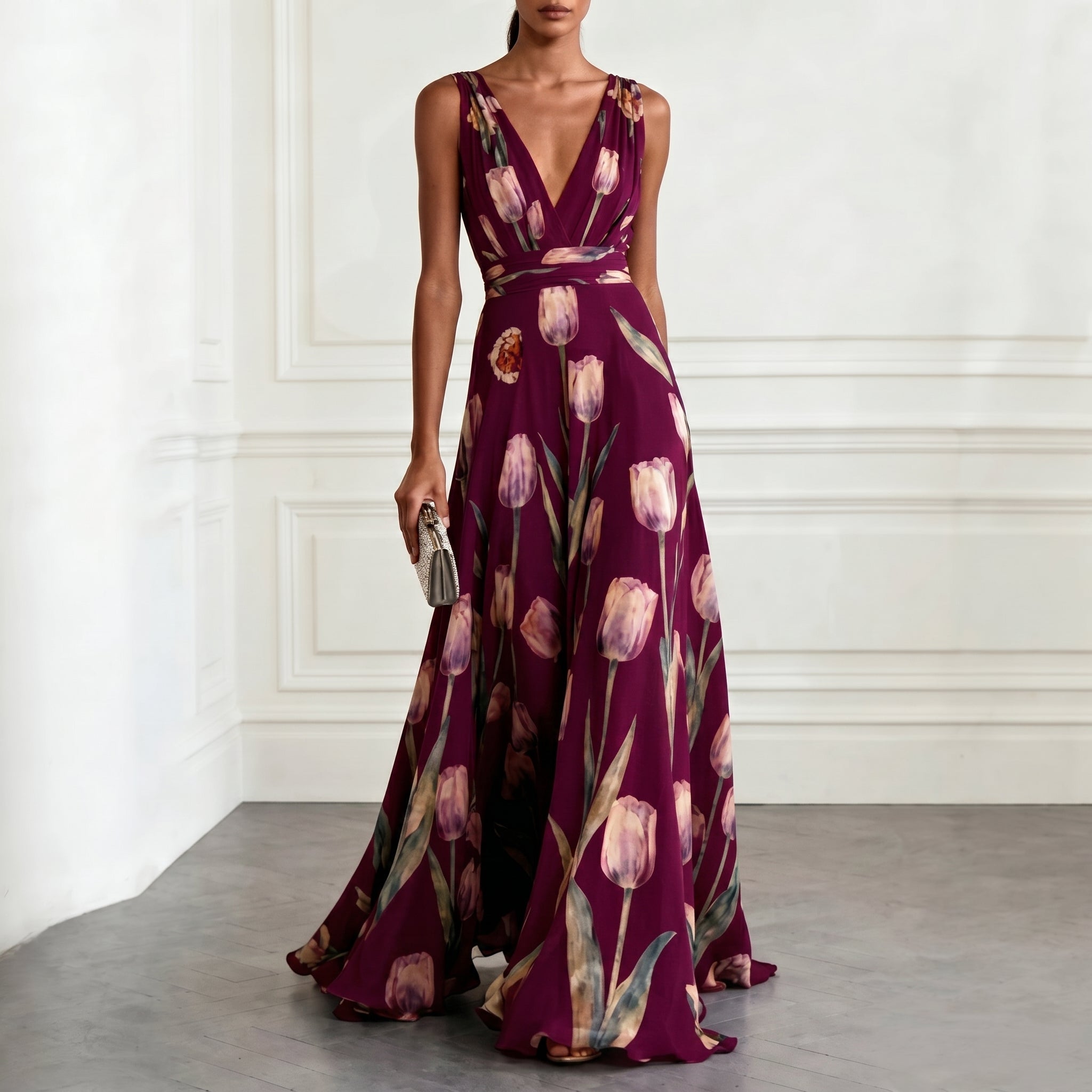 Klara - Women's Floral Sleeveless Bridesmaid Maxi Dress - Maxi Dress - Burgundy - Davies & Cooper