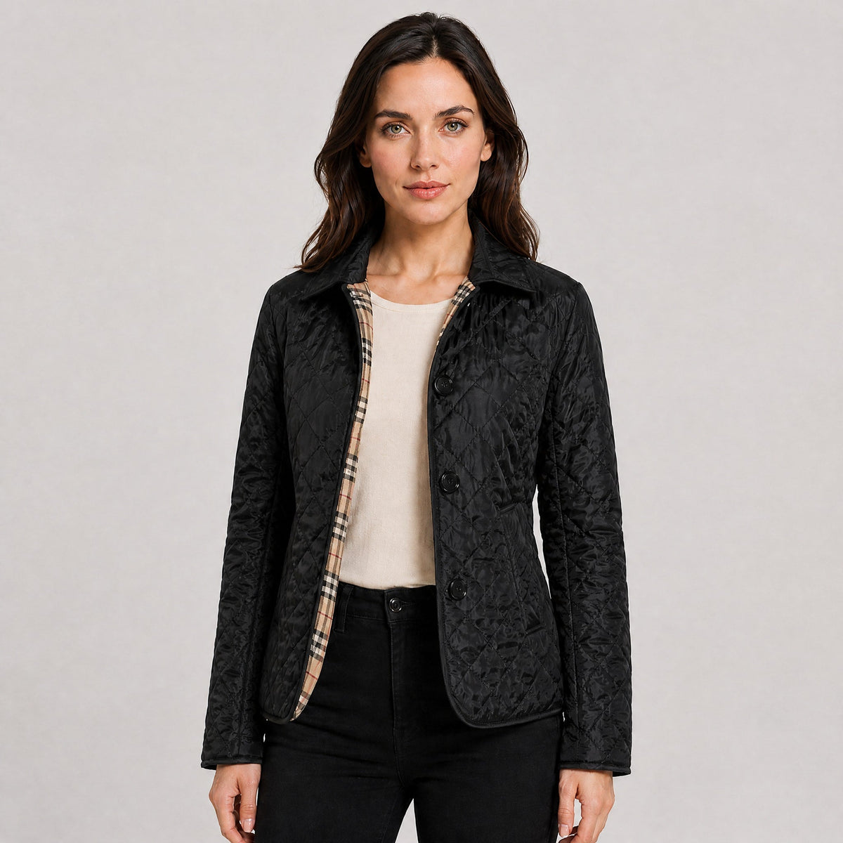 Klara - Women's Quilted Transitional Jacket with Collar and Button Front - Coats & Jackets - Black - Davies & Cooper