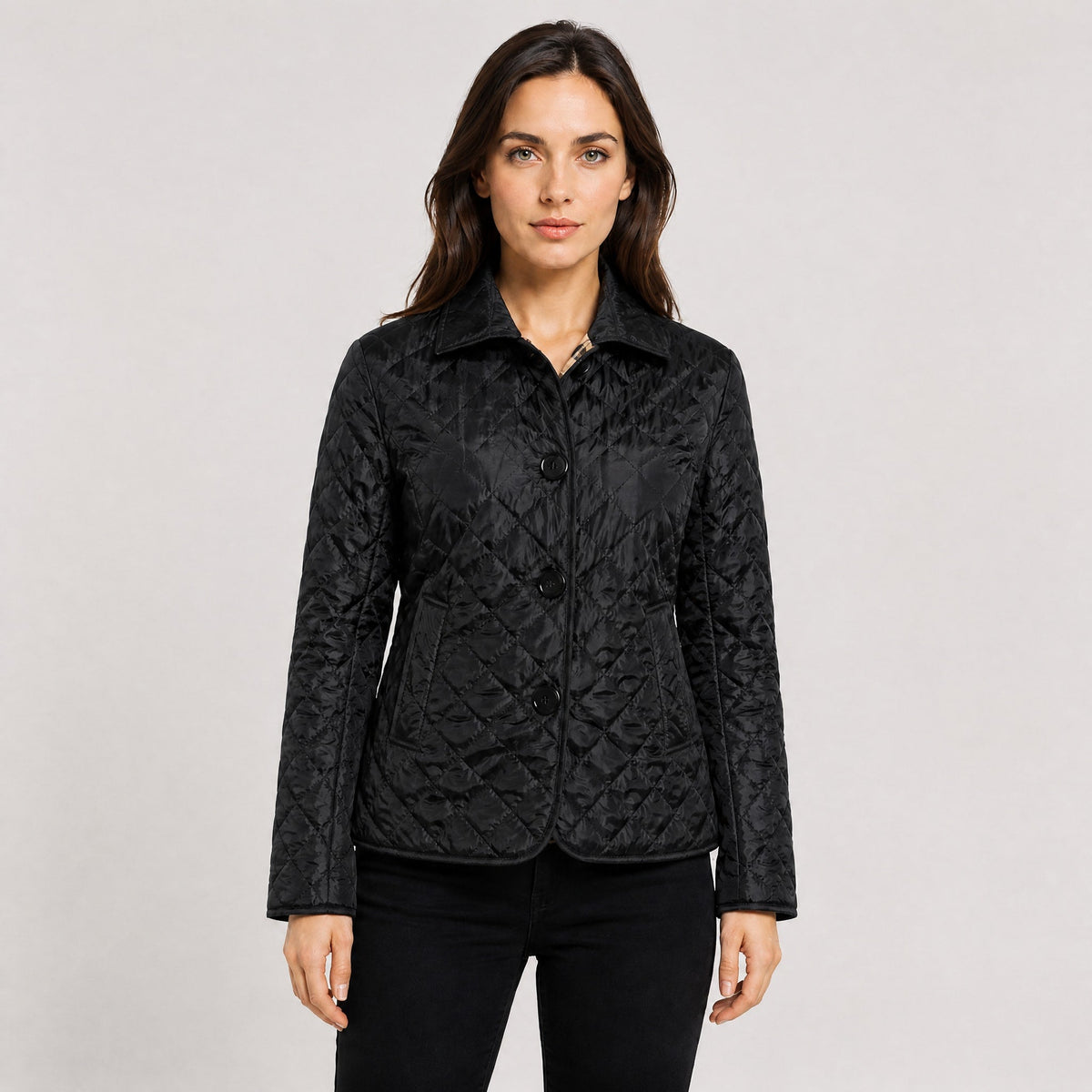Klara - Women's Quilted Transitional Jacket with Collar and Button Front - Coats & Jackets - Black - Davies & Cooper