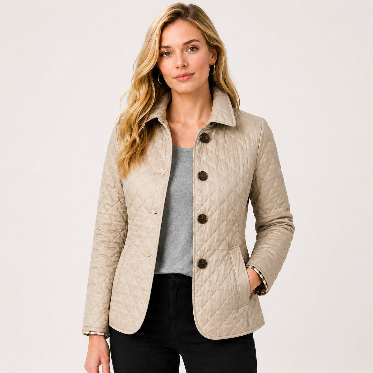 Klara - Women's Quilted Transitional Jacket with Collar and Button Front - Coats & Jackets - Beige - Davies & Cooper