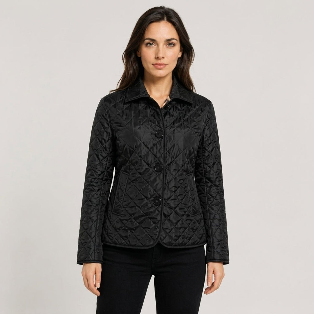 Klara - Women's Quilted Transitional Jacket with Collar and Button Front - Coats & Jackets - Black - Davies & Cooper