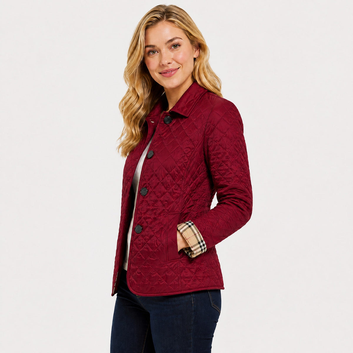 Klara - Women's Quilted Transitional Jacket with Collar and Button Front - Coats & Jackets - Burgundy - Davies & Cooper