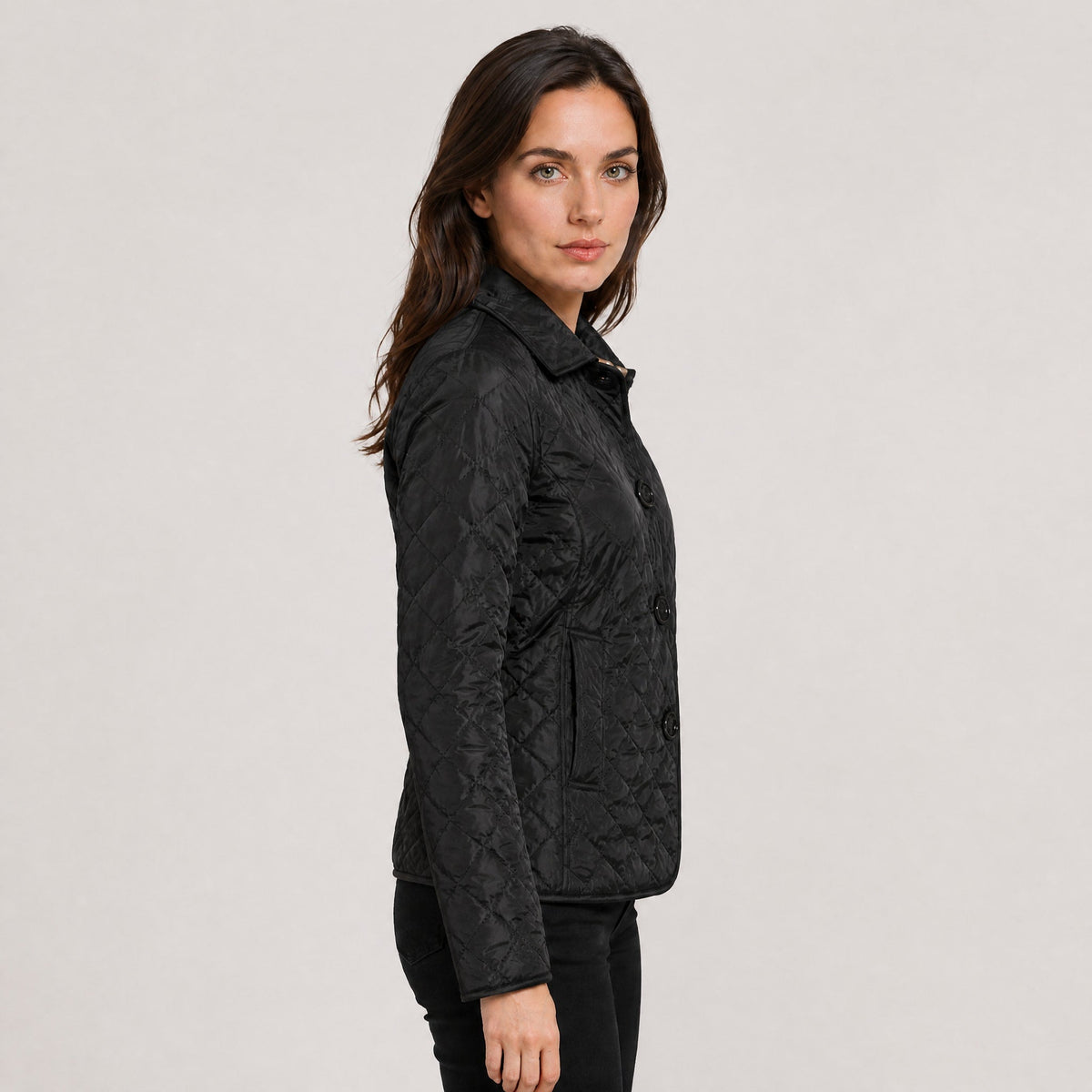 Klara - Women's Quilted Transitional Jacket with Collar and Button Front - Coats & Jackets - Black - Davies & Cooper