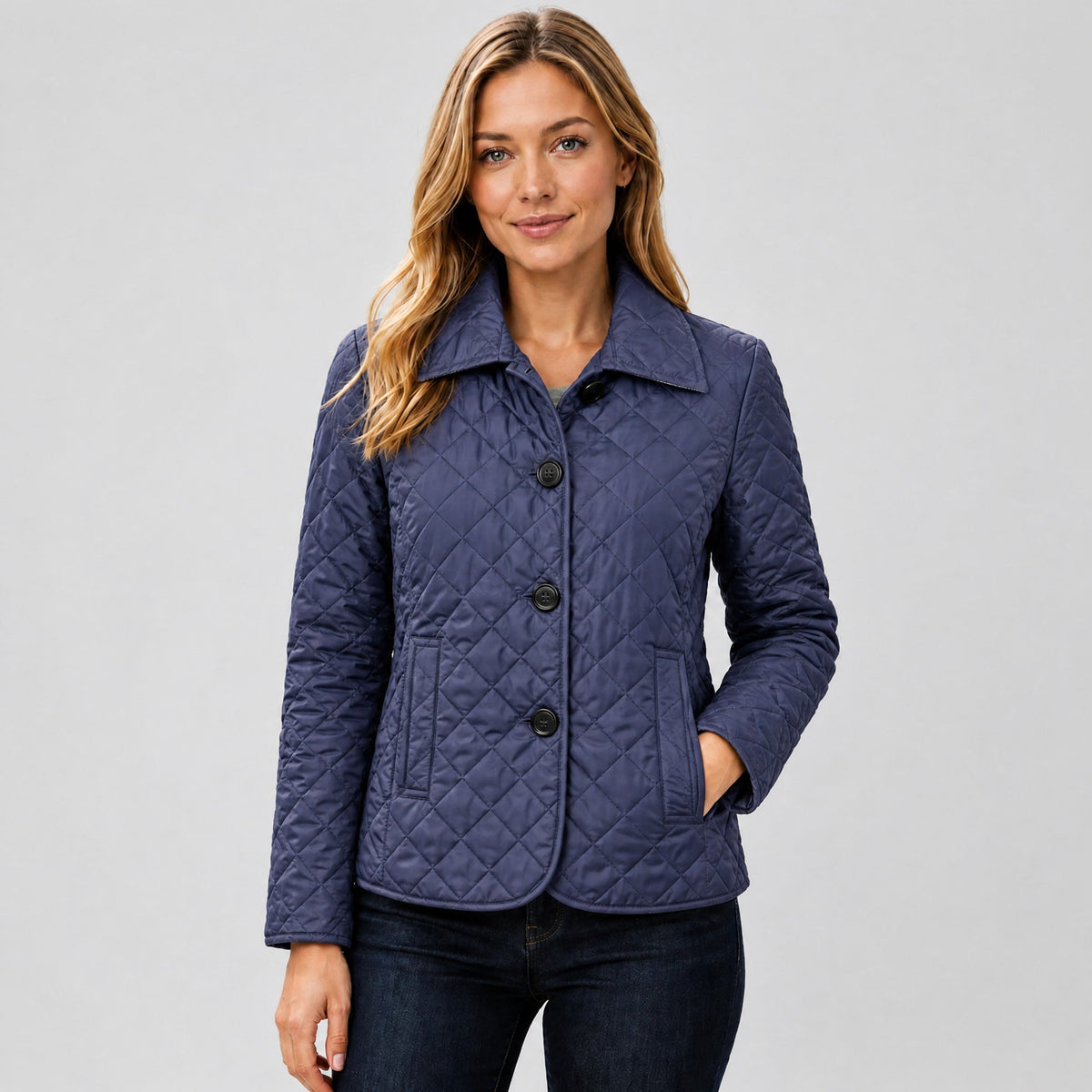 Klara - Women's Quilted Transitional Jacket with Collar and Button Front - Coats & Jackets - Blue - Davies & Cooper