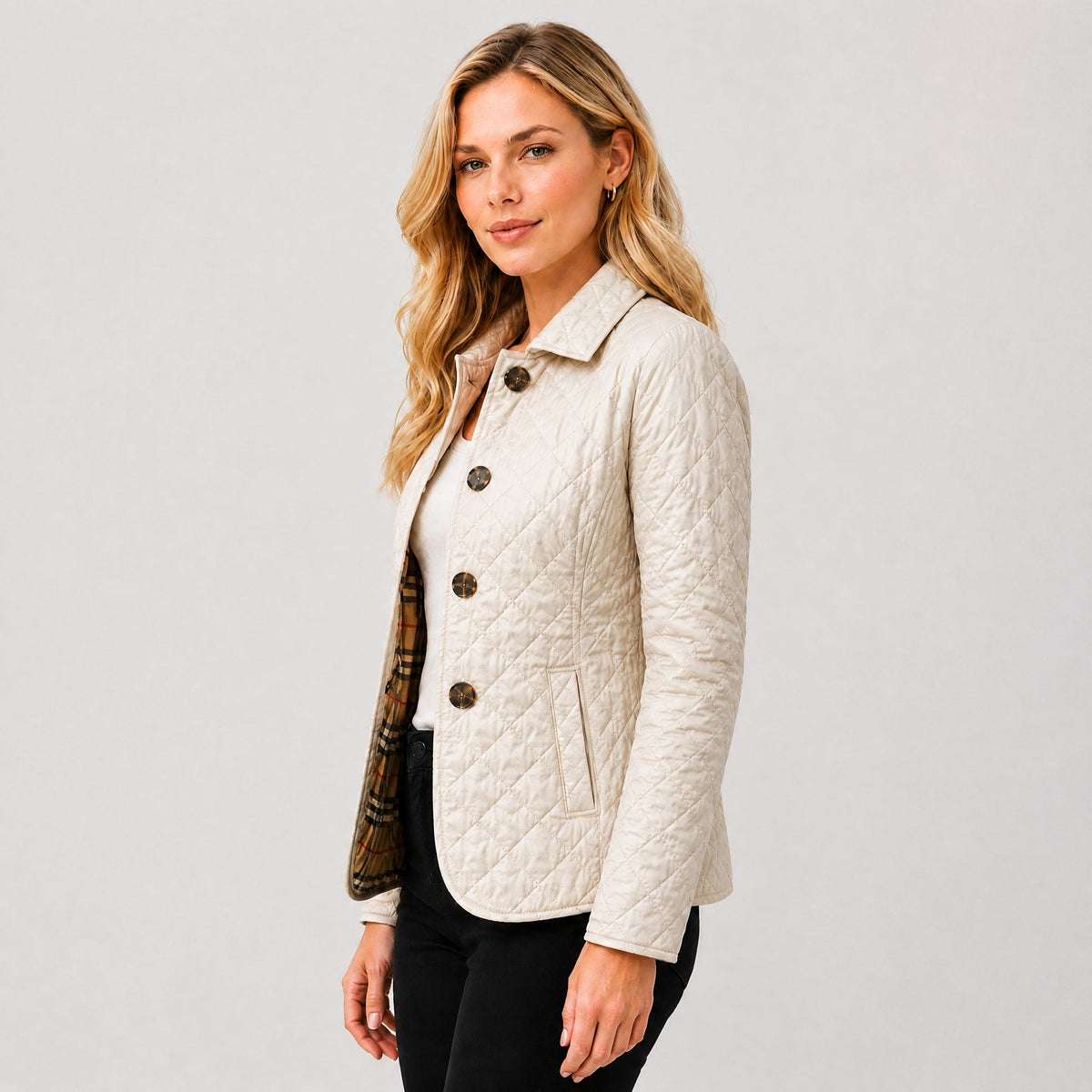 Klara - Women's Quilted Transitional Jacket with Collar and Button Front - Coats & Jackets - White - Davies & Cooper