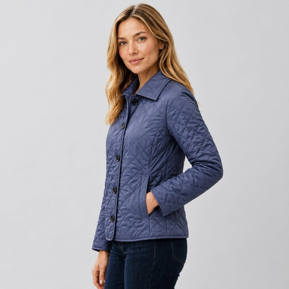 Klara - Women's Quilted Transitional Jacket with Collar and Button Front - Coats & Jackets - Blue - Davies & Cooper