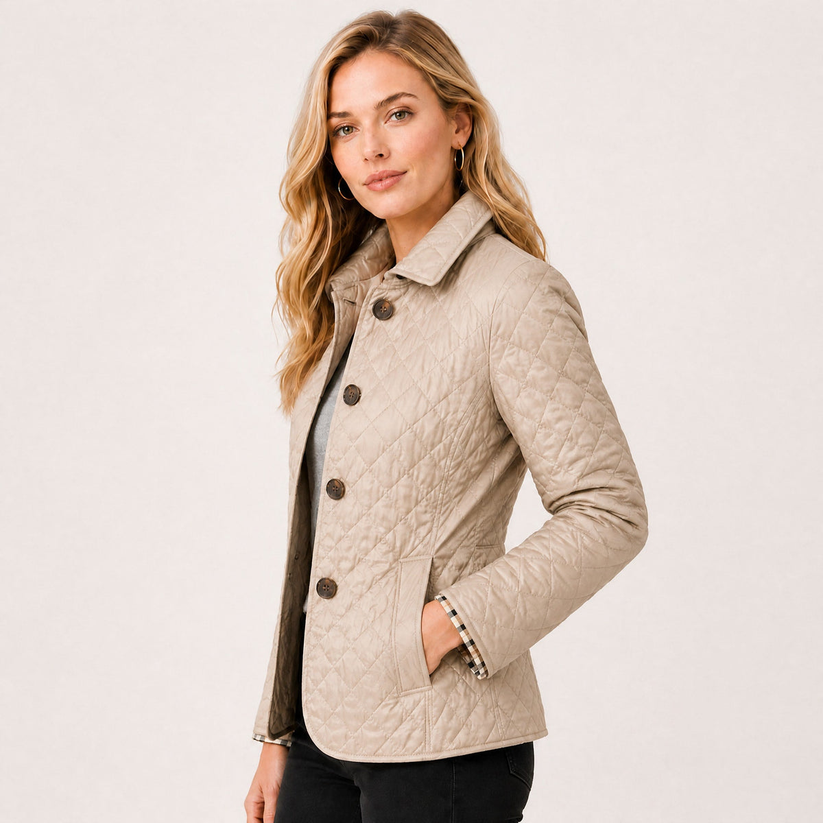 Klara - Women's Quilted Transitional Jacket with Collar and Button Front - Coats & Jackets - Beige - Davies & Cooper