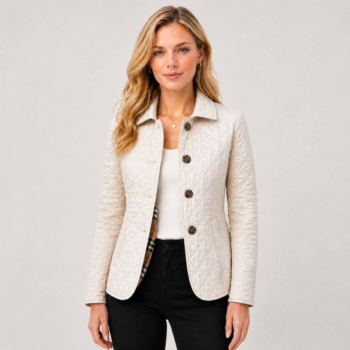 Klara - Women's Quilted Transitional Jacket with Collar and Button Front - Coats & Jackets - White - Davies & Cooper