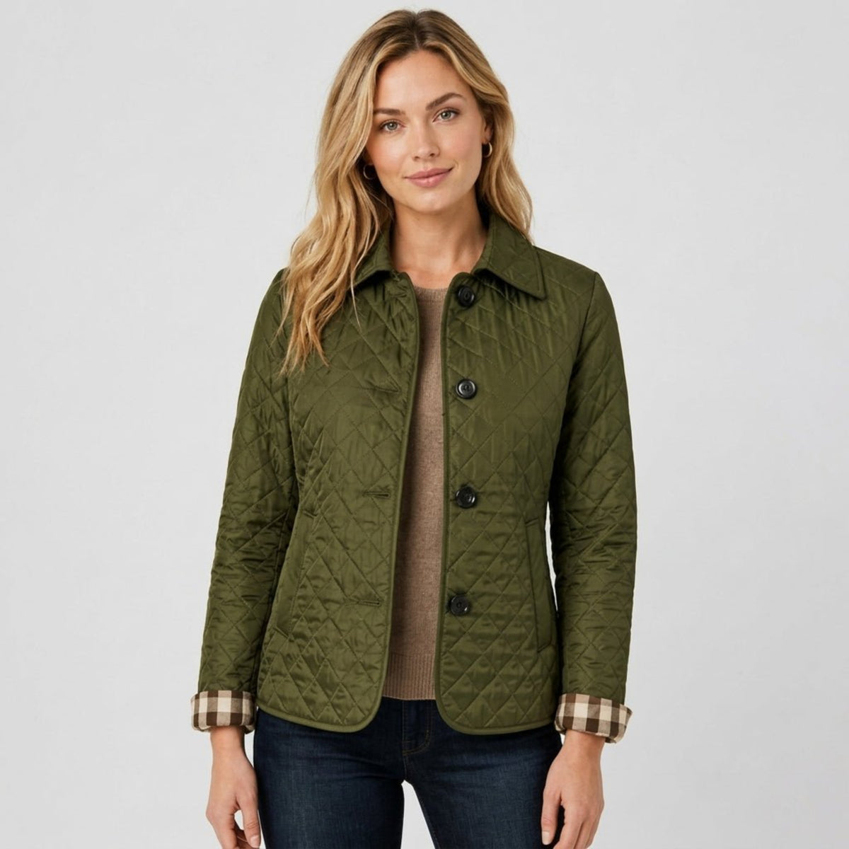 Klara - Women's Quilted Transitional Jacket with Collar and Button Front - Coats & Jackets - Green - Davies & Cooper