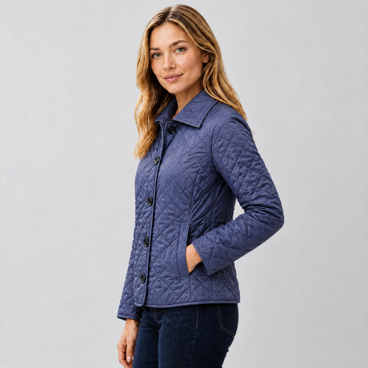Klara - Women's Quilted Transitional Jacket with Collar and Button Front - Coats & Jackets - Blue - Davies & Cooper