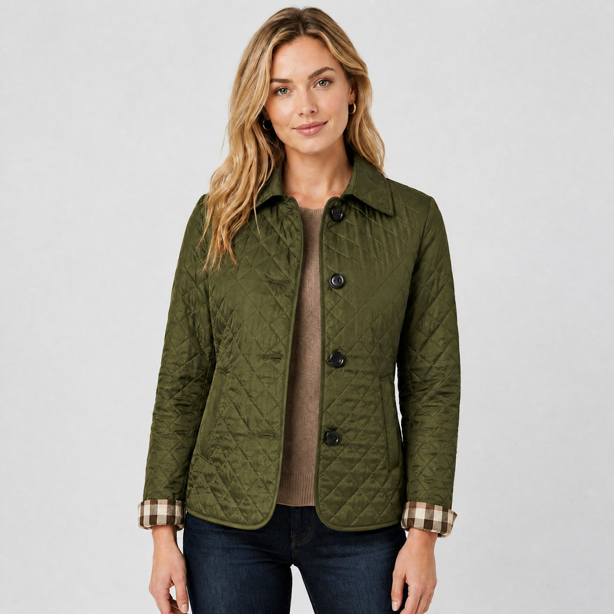 Klara - Women's Quilted Transitional Jacket with Collar and Button Front - Coats & Jackets - Green - Davies & Cooper