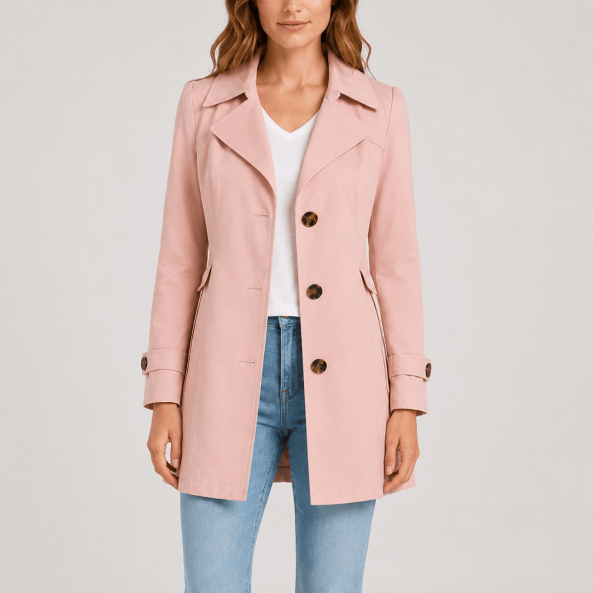 Klara - Women's Short Trench Coat with Notch Lapel - Trench Coats - Pink - Davies & Cooper