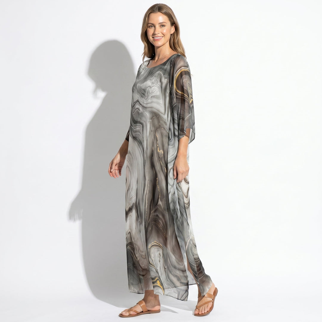 Lara - Women's Relaxed Fit Summer Marble Print Maxi Dress - Maxi Dress - Gray - Davies & Cooper