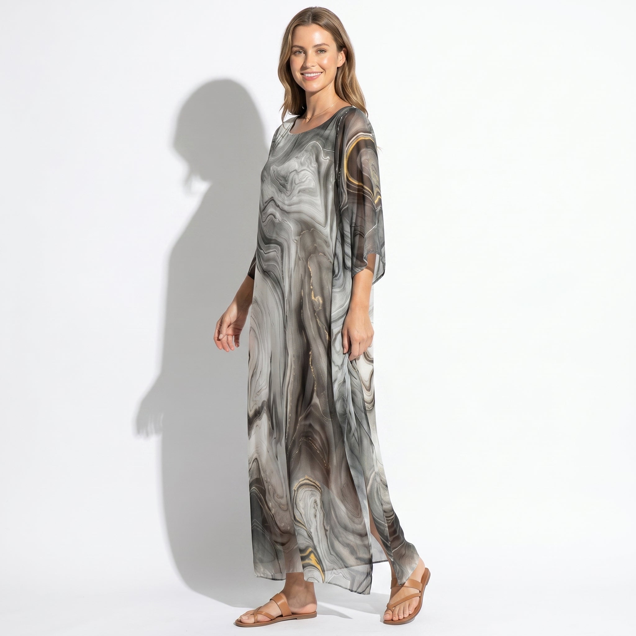 Lara - Women's Relaxed Fit Summer Marble Print Maxi Dress - Maxi Dress - Gray - Davies & Cooper