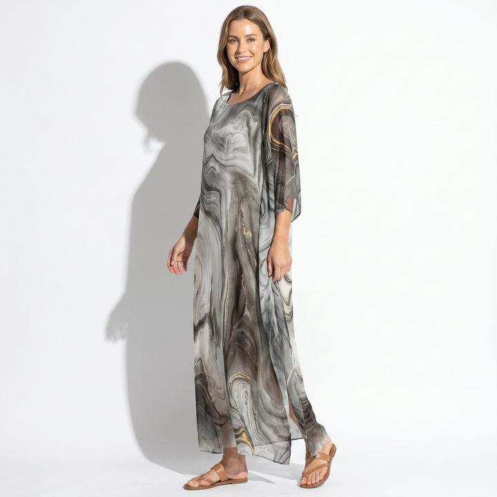 Lara - Women's Relaxed Fit Summer Marble Print Maxi Dress - Maxi Dress - Gray - Davies & Cooper