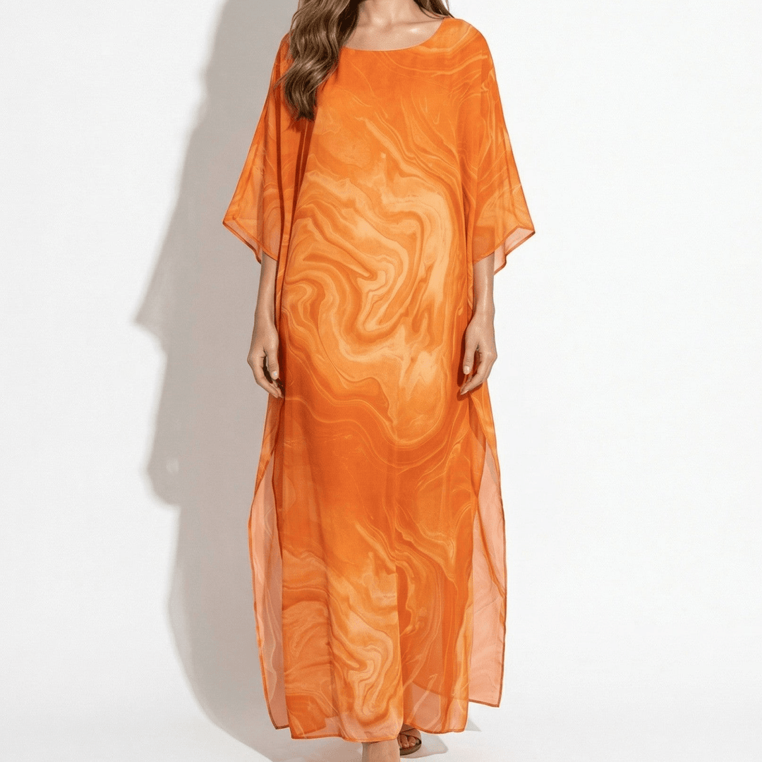 Lara - Women's Relaxed Fit Summer Marble Print Maxi Dress - Maxi Dress - Orange - Davies & Cooper