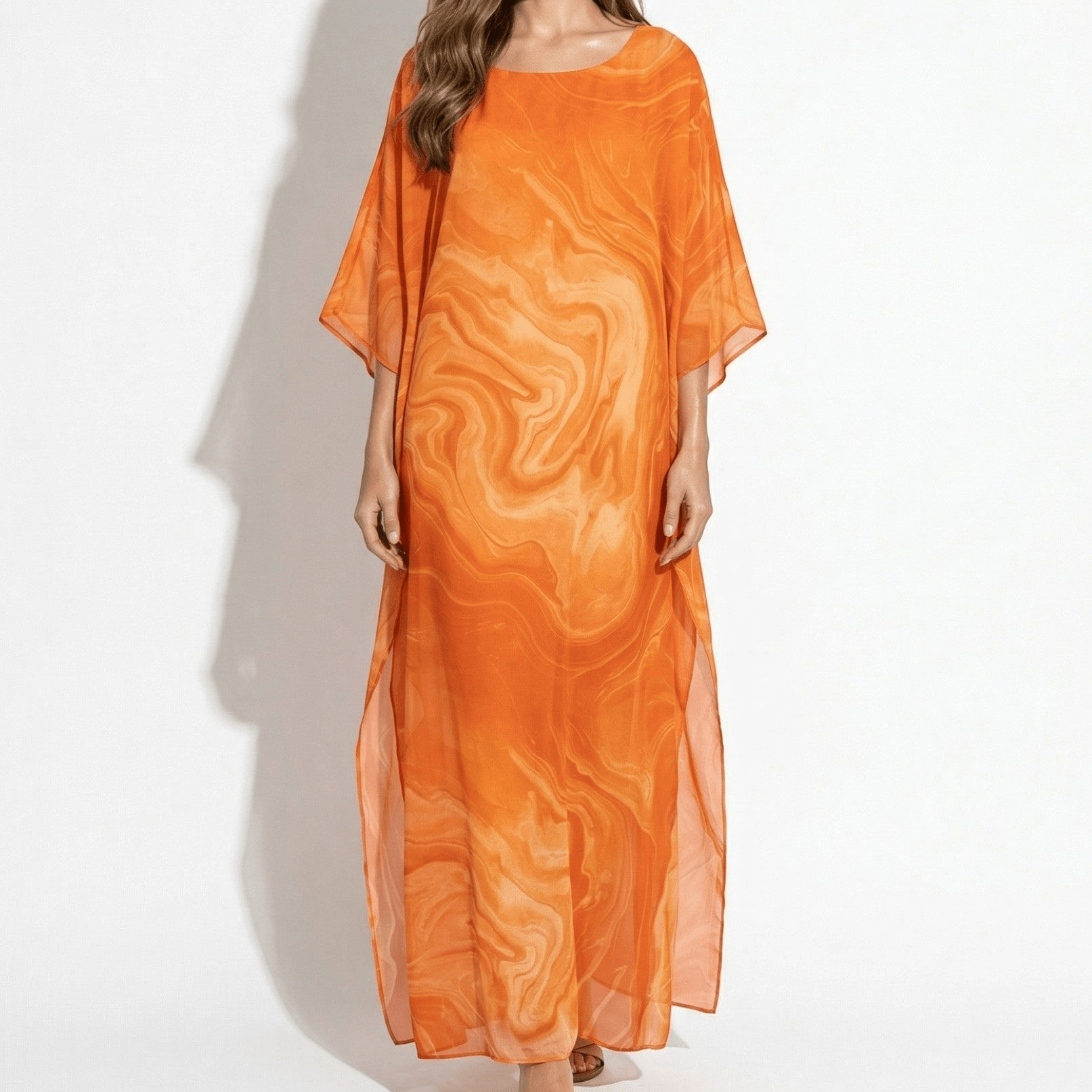 Lara - Women's Relaxed Fit Summer Marble Print Maxi Dress - Maxi Dress - Orange - Davies & Cooper
