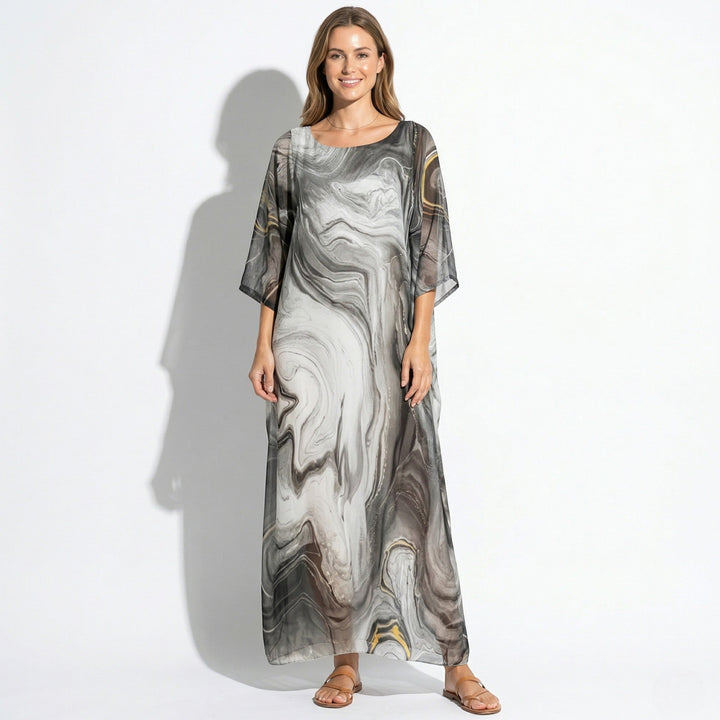 Lara - Women's Relaxed Fit Summer Marble Print Maxi Dress - Maxi Dress - Gray - Davies & Cooper
