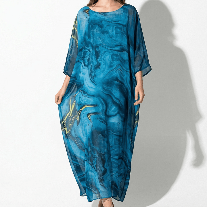Lara - Women's Relaxed Fit Summer Marble Print Maxi Dress - Maxi Dress - Blue - Davies & Cooper