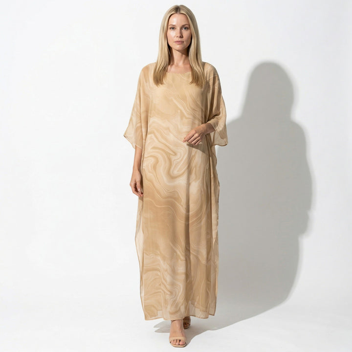 Lara - Women's Relaxed Fit Summer Marble Print Maxi Dress - Maxi Dress - Yellow - Davies & Cooper
