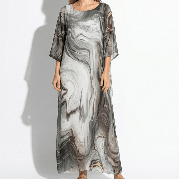 Lara - Women's Relaxed Fit Summer Marble Print Maxi Dress - Maxi Dress - Gray - Davies & Cooper
