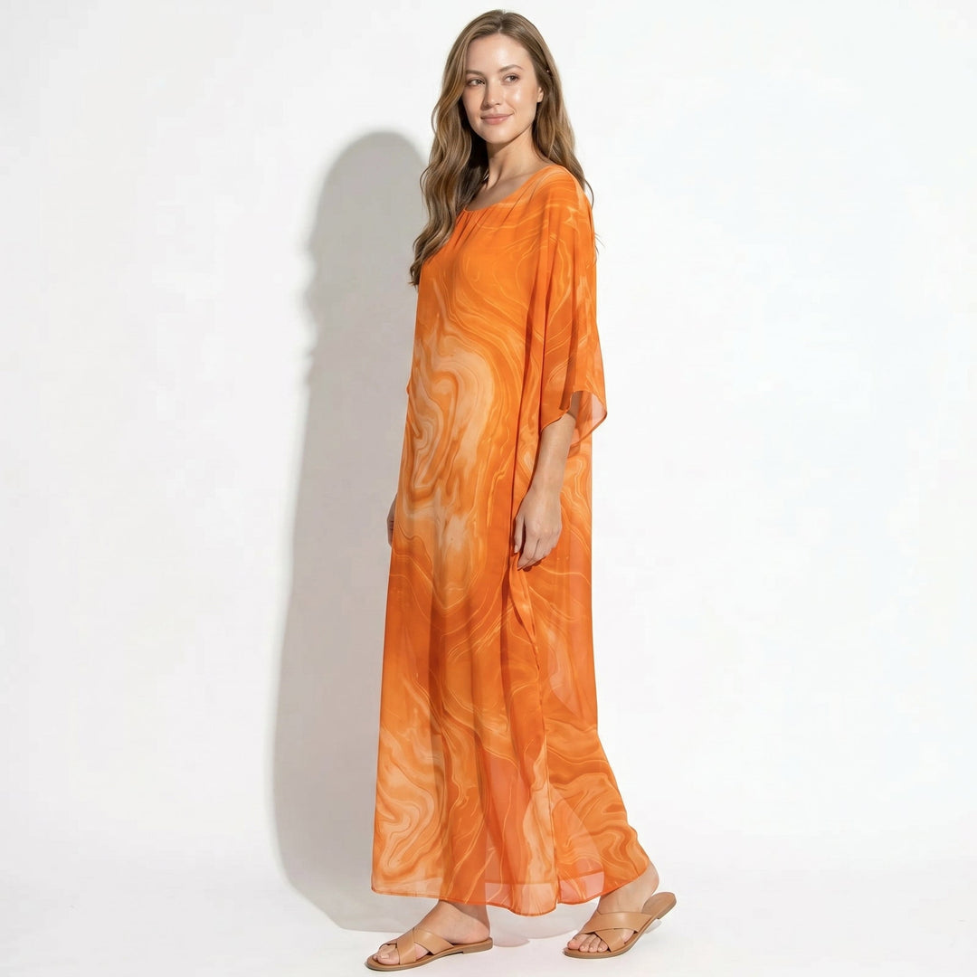 Lara - Women's Relaxed Fit Summer Marble Print Maxi Dress - Maxi Dress - Orange - Davies & Cooper