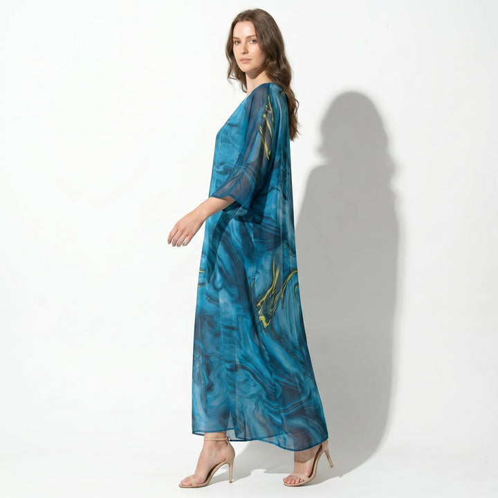 Lara - Women's Relaxed Fit Summer Marble Print Maxi Dress - Maxi Dress - Blue - Davies & Cooper